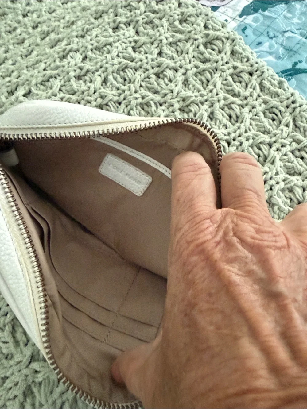 Cole Haan Cream Pebbled Leather Cosmetic Pouch with Gold Hardware